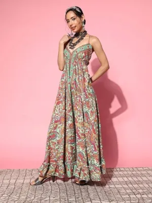 Women Floral Printed Backless Maxi Dress