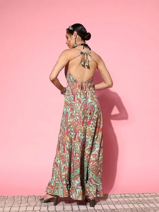 Women Floral Printed Backless Maxi Dress