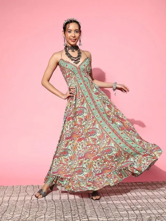 Women Floral Printed Backless Maxi Dress