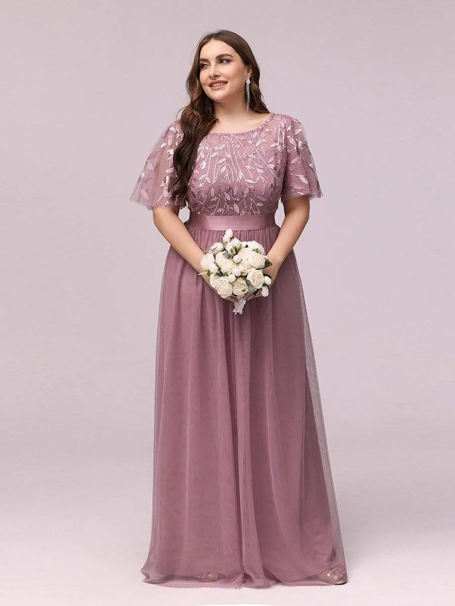 Women's A-Line Short Sleeve Embroidery Floor Length Evening Dresses