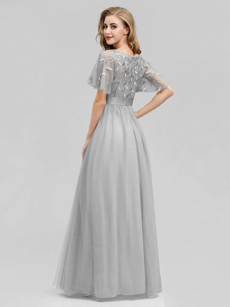 Women's A-Line Short Sleeve Embroidery Floor Length Evening Dresses