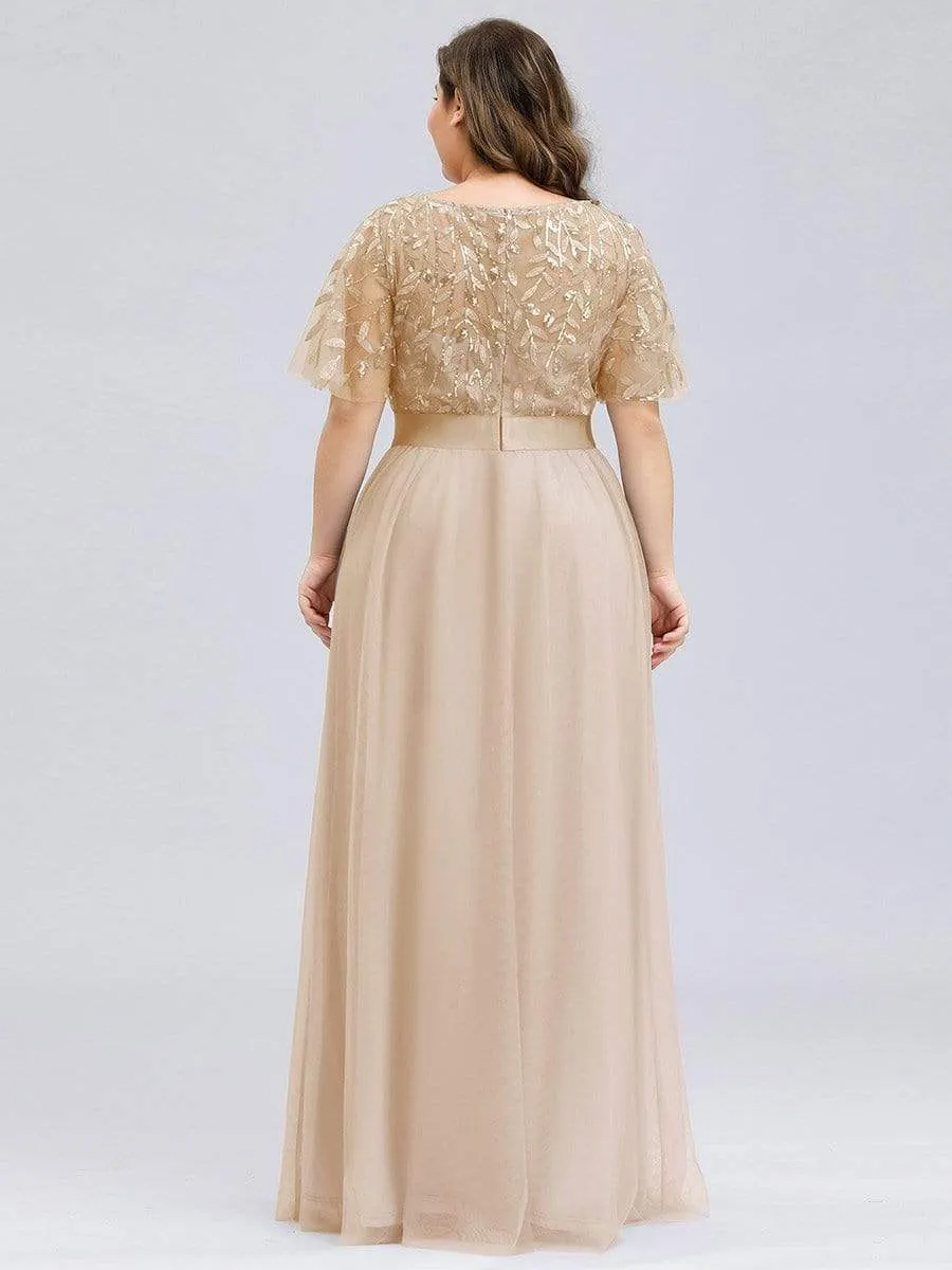 Women's A-Line Short Sleeve Embroidery Floor Length Evening Dresses