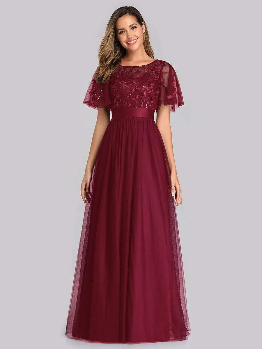 Women's A-Line Short Sleeve Embroidery Floor Length Evening Dresses