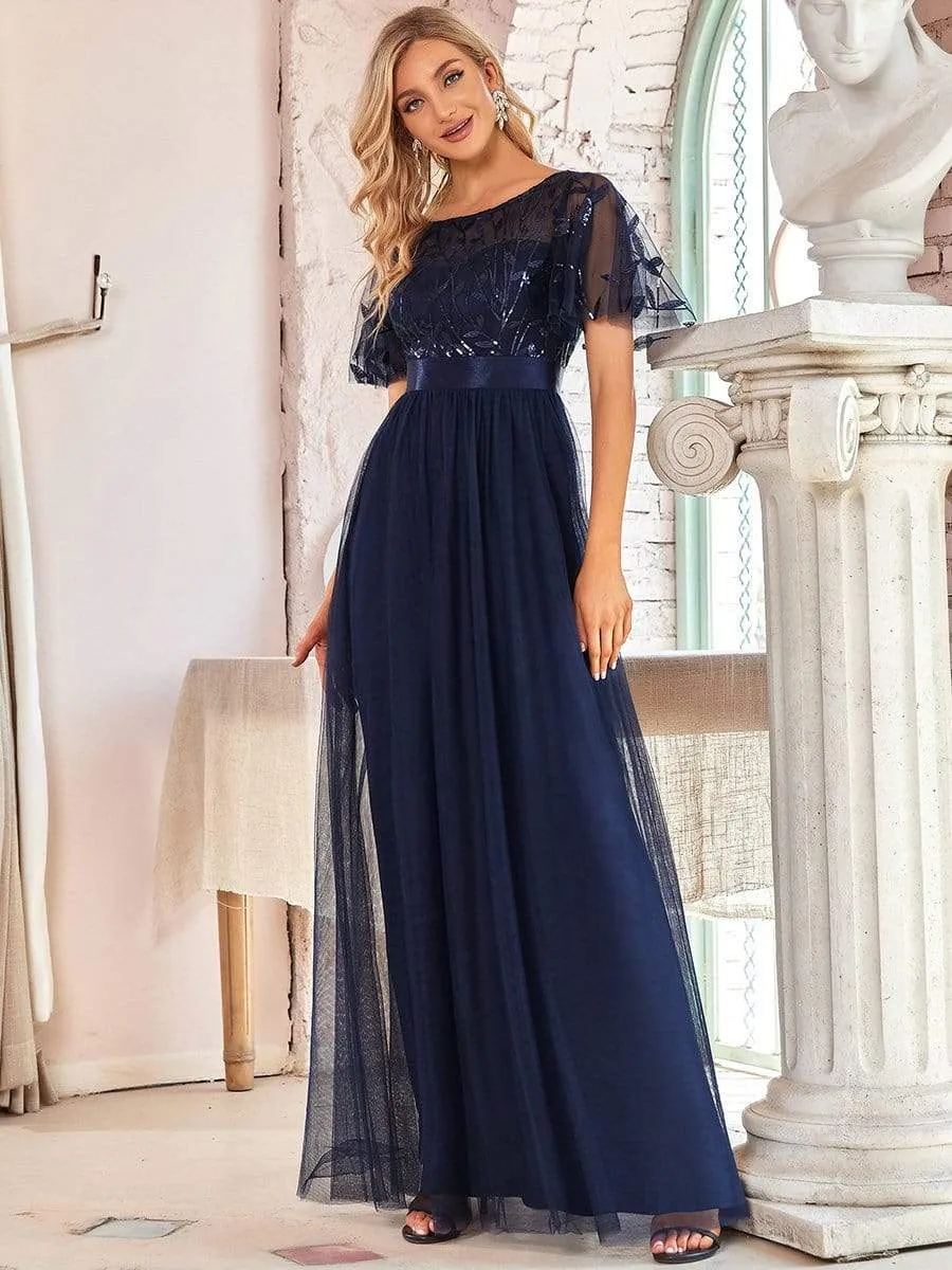 Women's A-Line Short Sleeve Embroidery Floor Length Evening Dresses