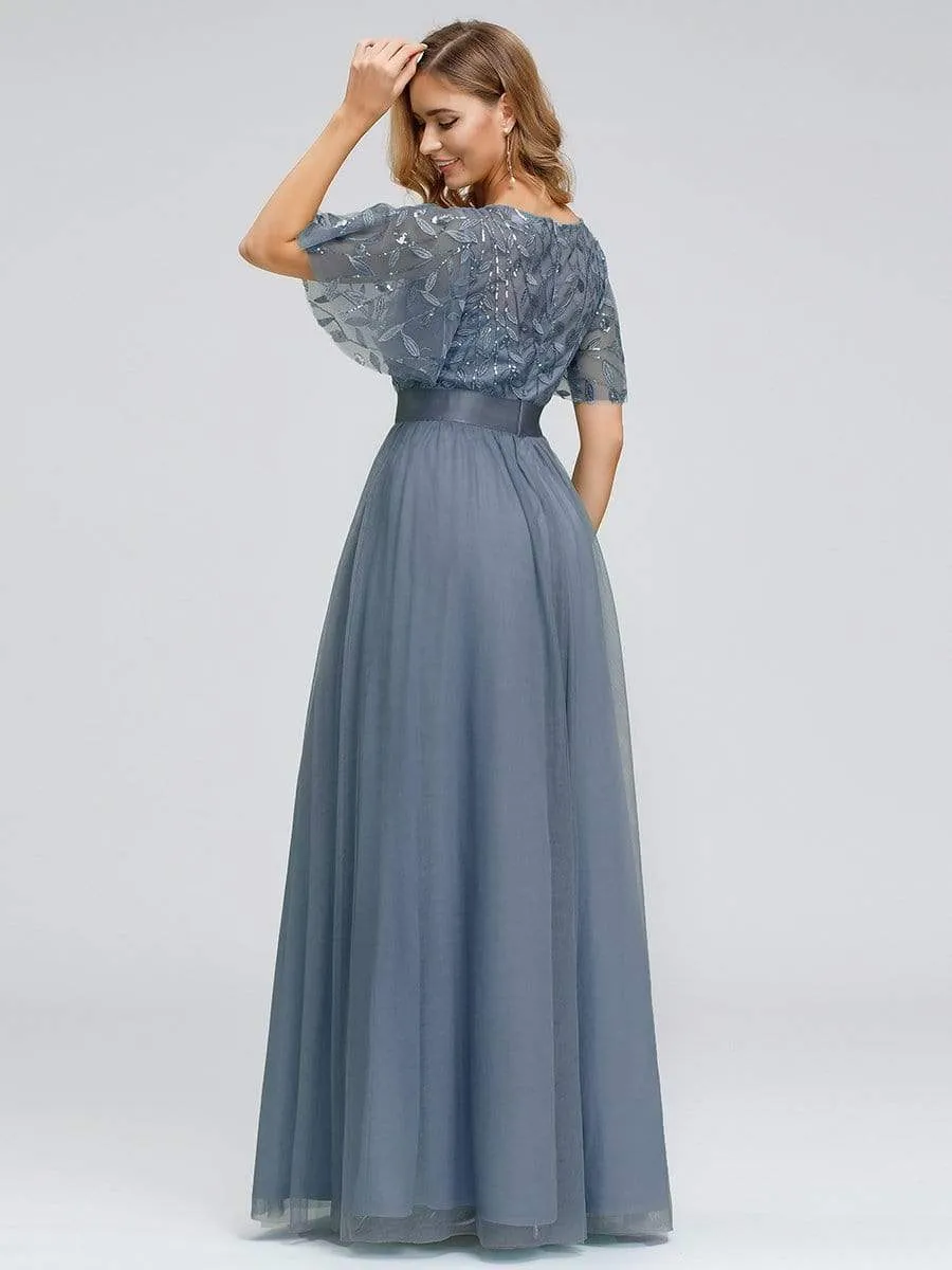 Women's A-Line Short Sleeve Embroidery Floor Length Evening Dresses