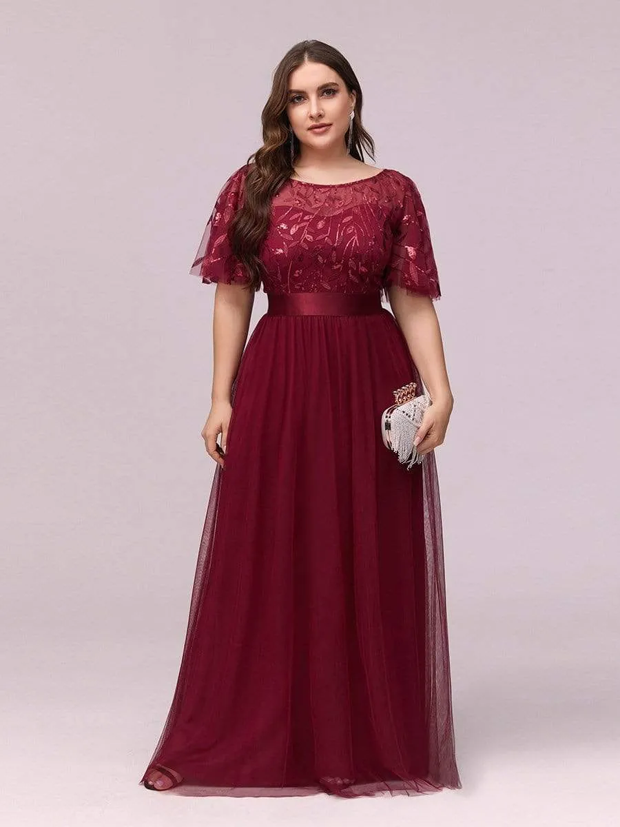 Women's A-Line Short Sleeve Embroidery Floor Length Evening Dresses