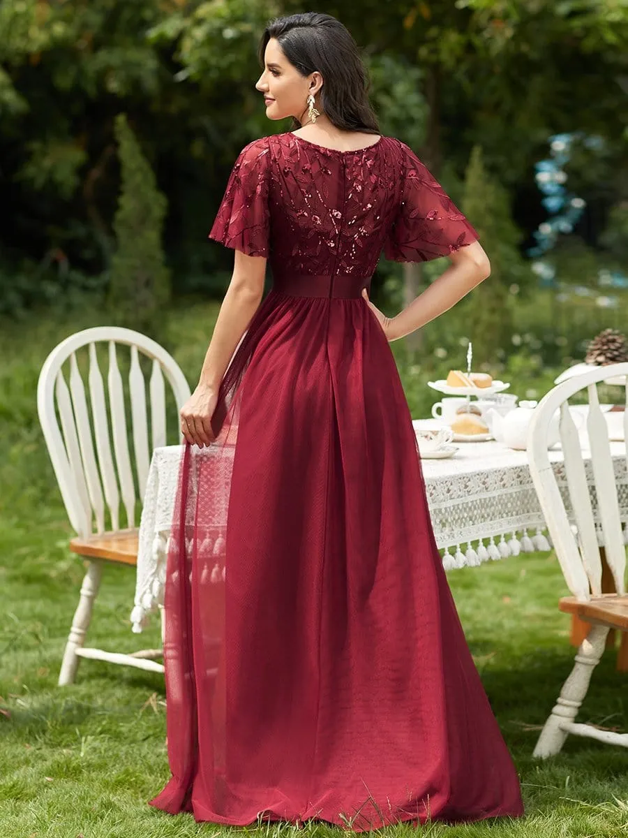 Women's A-Line Short Sleeve Embroidery Floor Length Evening Dresses