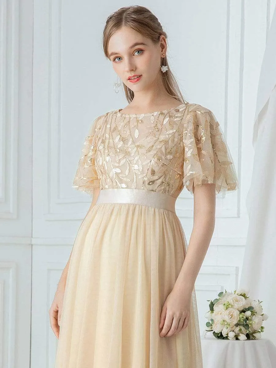 Women's A-Line Short Sleeve Embroidery Floor Length Evening Dresses