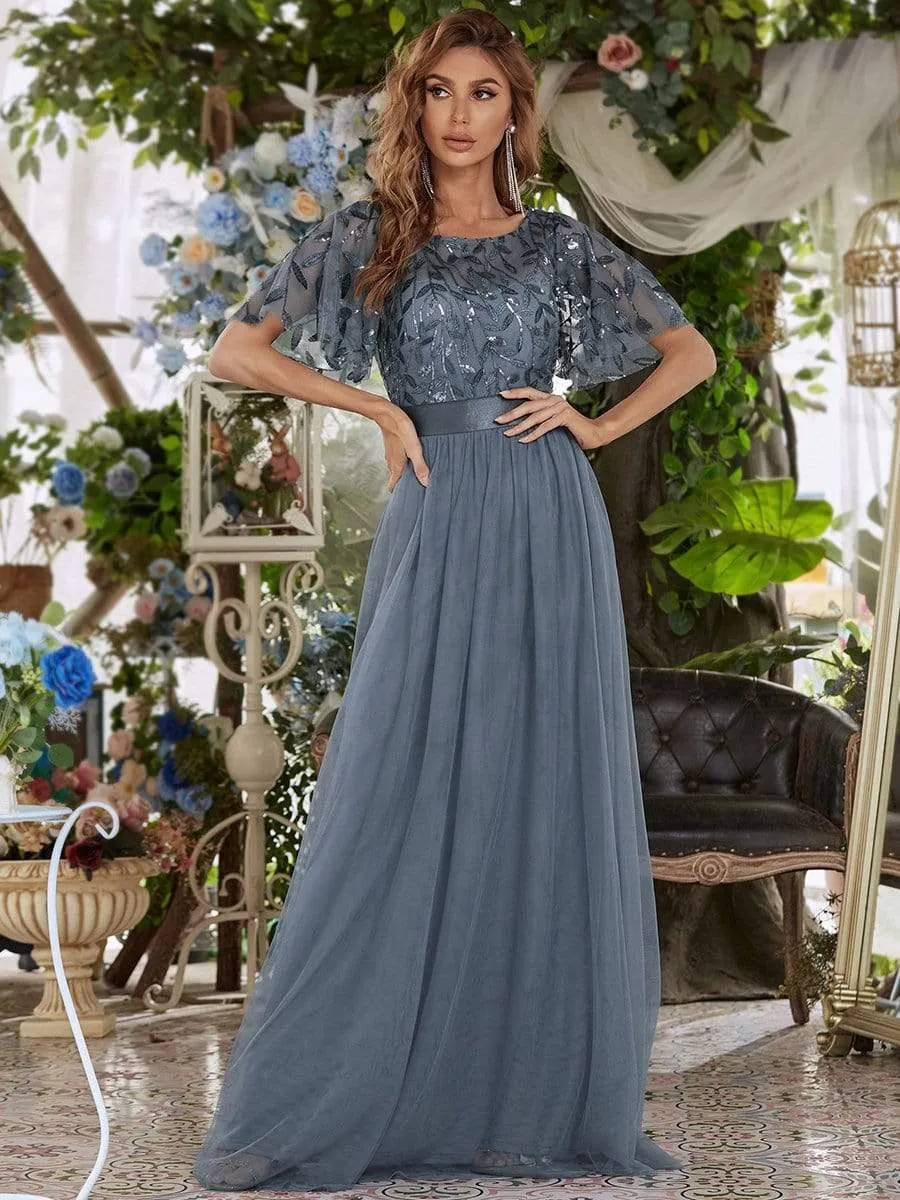 Women's A-Line Short Sleeve Embroidery Floor Length Evening Dresses