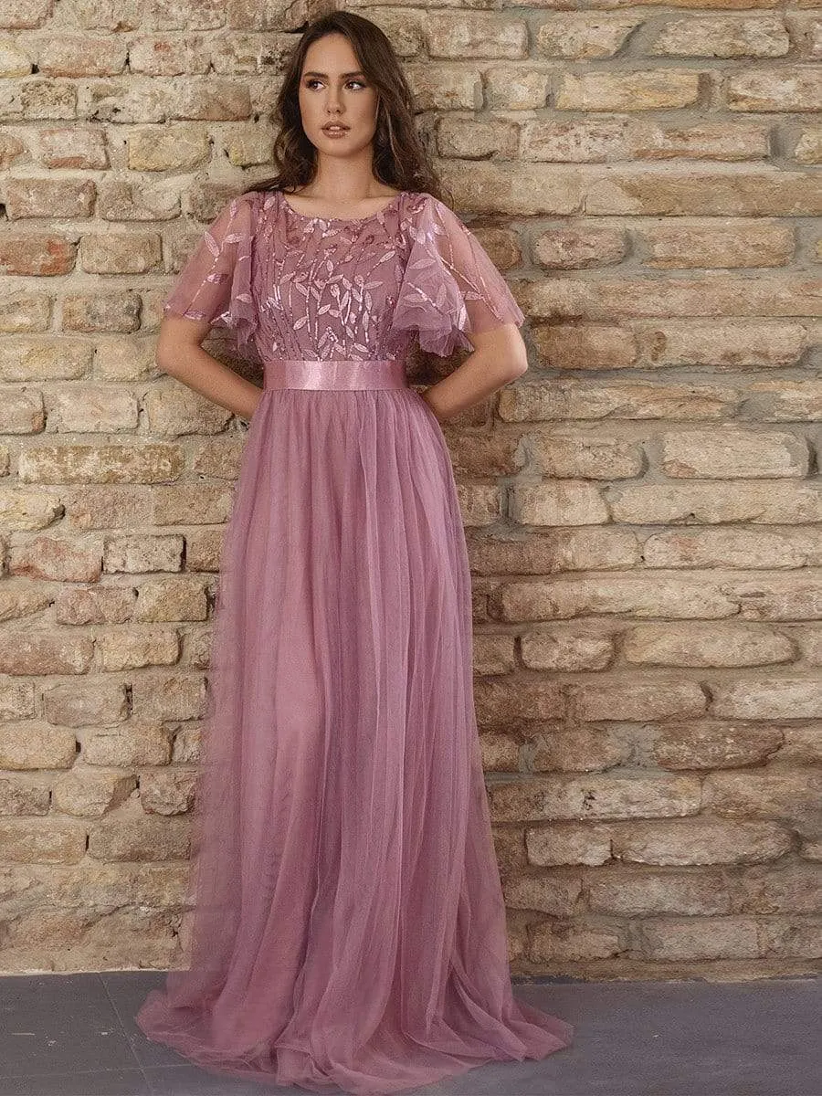 Women's A-Line Short Sleeve Embroidery Floor Length Evening Dresses