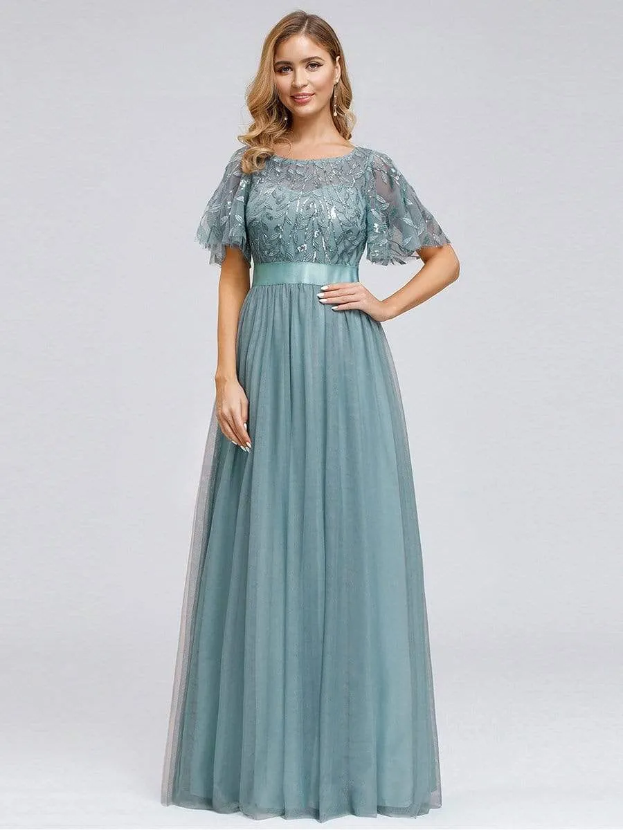 Women's A-Line Short Sleeve Embroidery Floor Length Evening Dresses