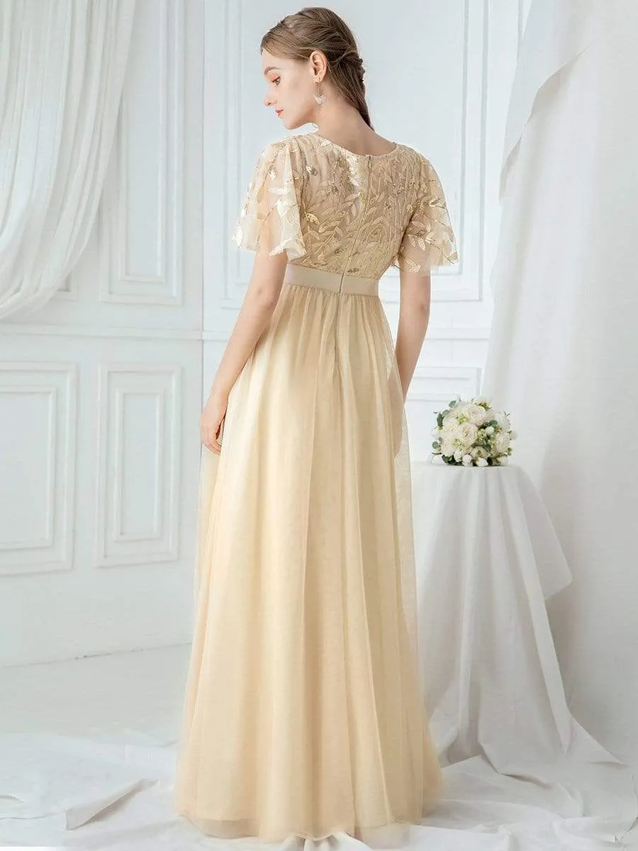 Women's A-Line Short Sleeve Embroidery Floor Length Evening Dresses