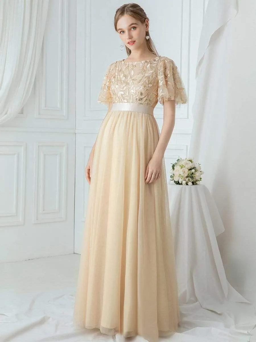 Women's A-Line Short Sleeve Embroidery Floor Length Evening Dresses