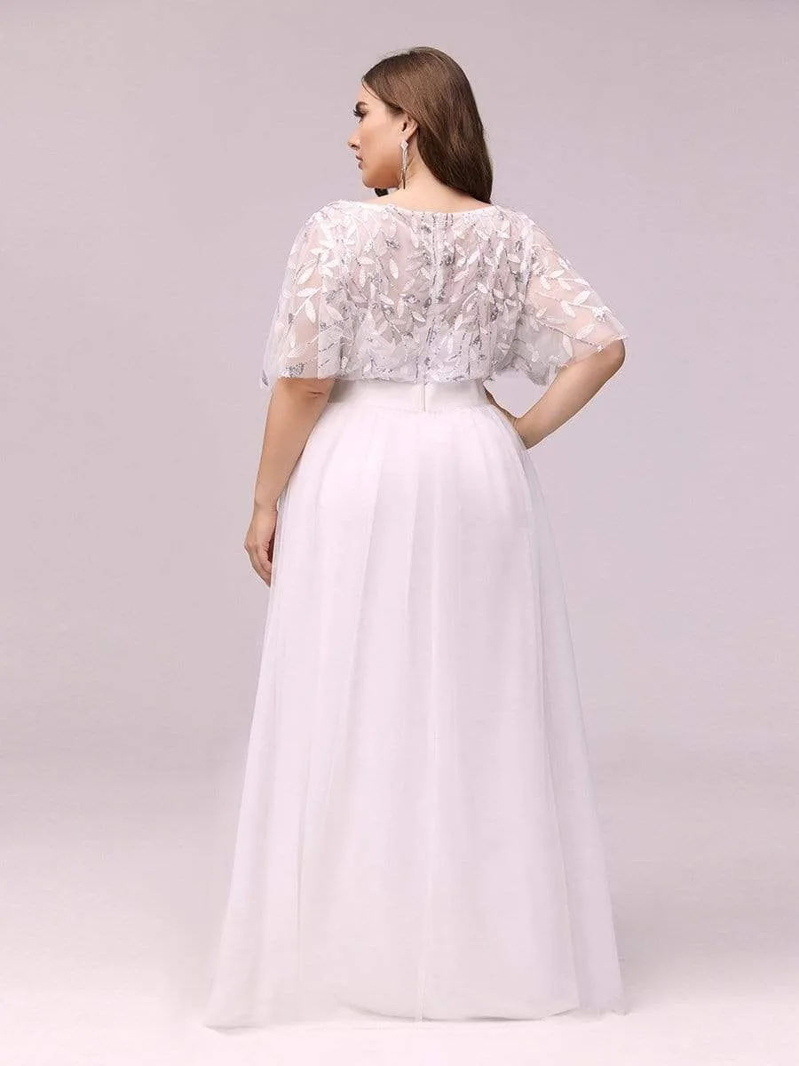 Women's A-Line Short Sleeve Embroidery Floor Length Evening Dresses