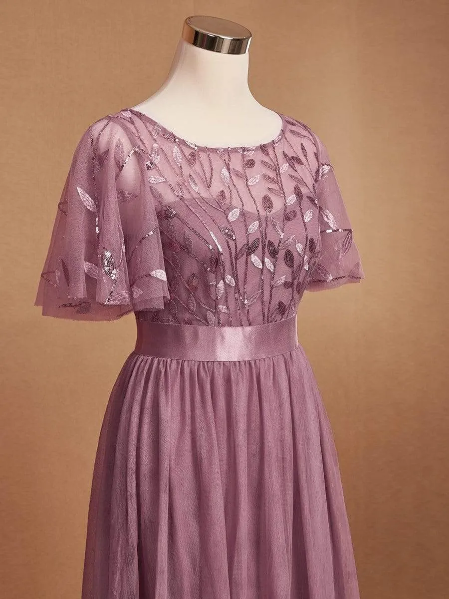 Women's A-Line Short Sleeve Embroidery Floor Length Evening Dresses
