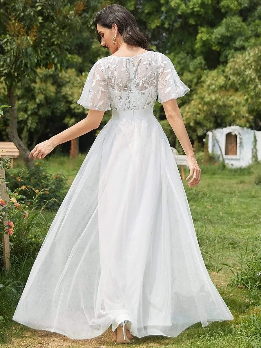 Women's A-Line Short Sleeve Embroidery Floor Length Evening Dresses