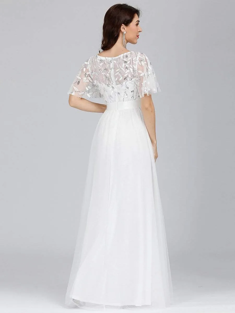 Women's A-Line Short Sleeve Embroidery Floor Length Evening Dresses
