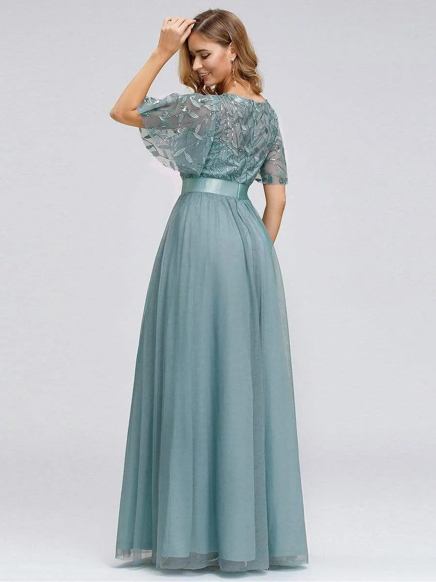 Women's A-Line Short Sleeve Embroidery Floor Length Evening Dresses