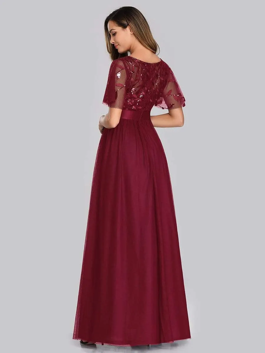 Women's A-Line Short Sleeve Embroidery Floor Length Evening Dresses