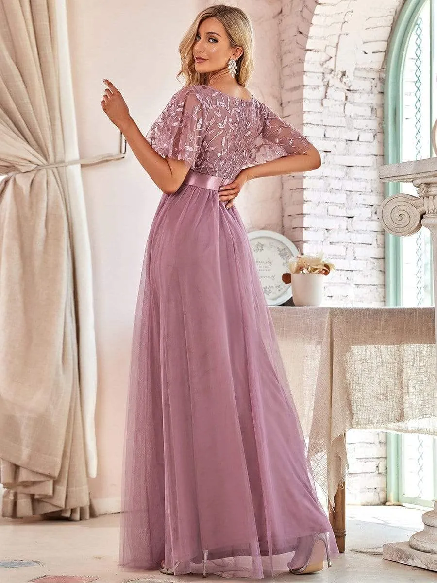 Women's A-Line Short Sleeve Embroidery Floor Length Evening Dresses