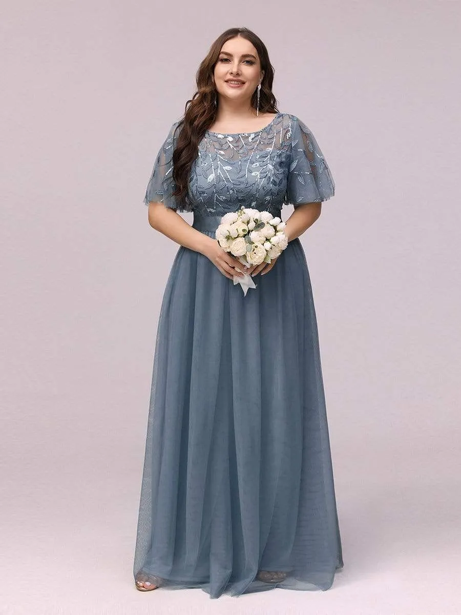 Women's A-Line Short Sleeve Embroidery Floor Length Evening Dresses