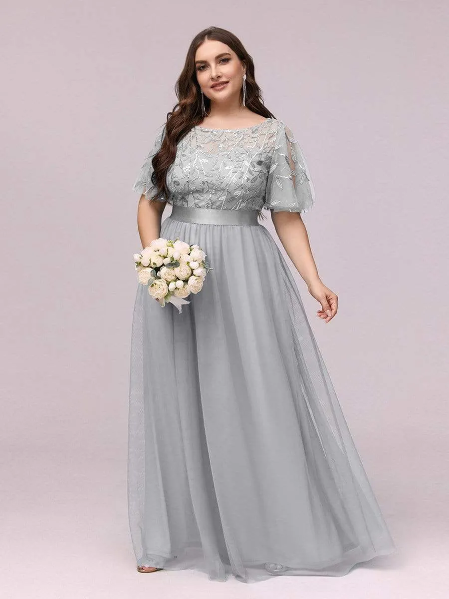 Women's A-Line Short Sleeve Embroidery Floor Length Evening Dresses