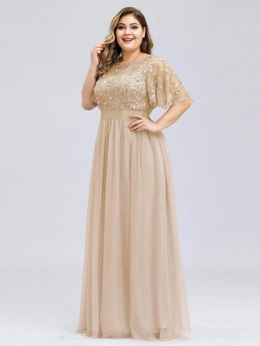 Women's A-Line Short Sleeve Embroidery Floor Length Evening Dresses