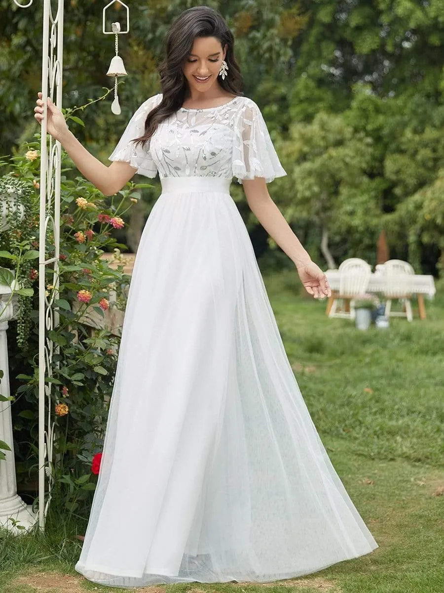 Women's A-Line Short Sleeve Embroidery Floor Length Evening Dresses