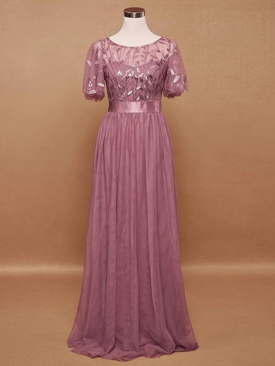 Women's A-Line Short Sleeve Embroidery Floor Length Evening Dresses