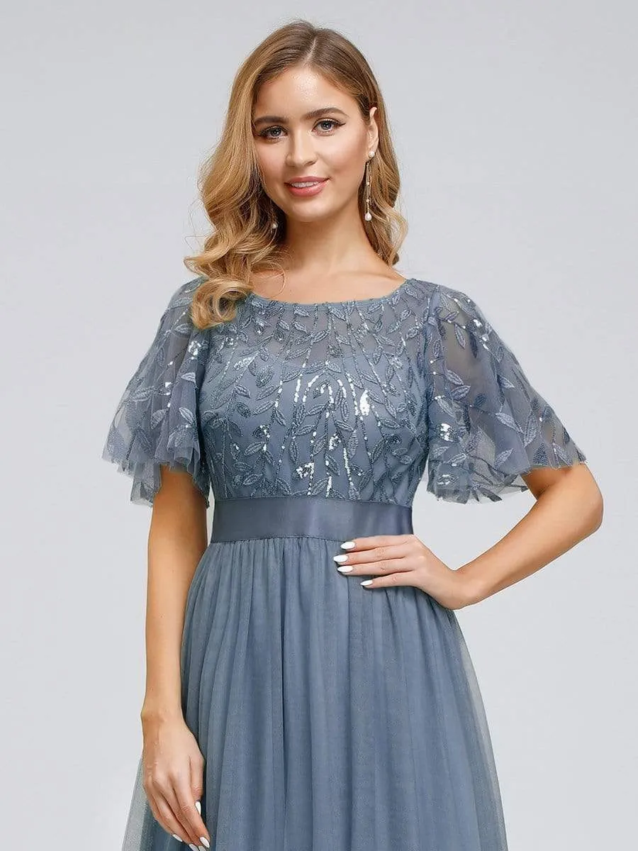 Women's A-Line Short Sleeve Embroidery Floor Length Evening Dresses