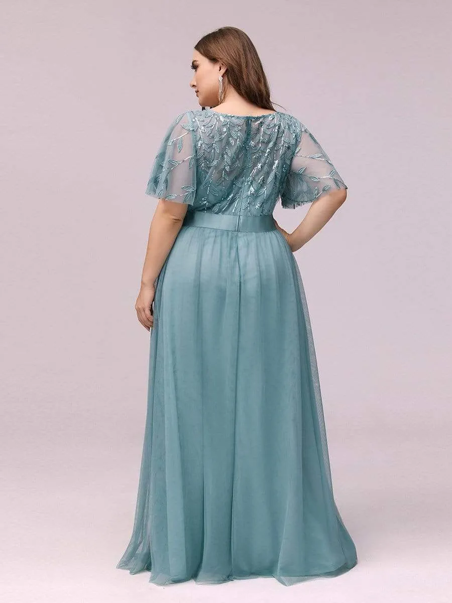 Women's A-Line Short Sleeve Embroidery Floor Length Evening Dresses
