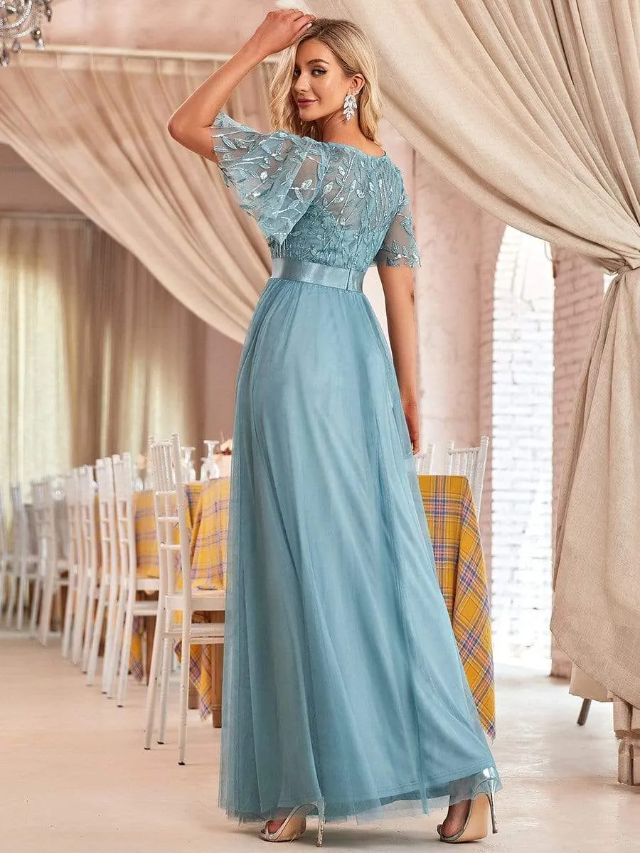 Women's A-Line Short Sleeve Embroidery Floor Length Evening Dresses