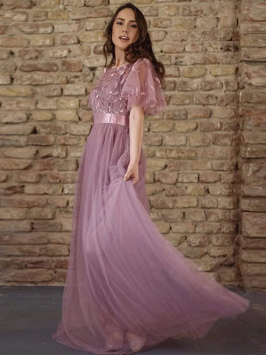Women's A-Line Short Sleeve Embroidery Floor Length Evening Dresses