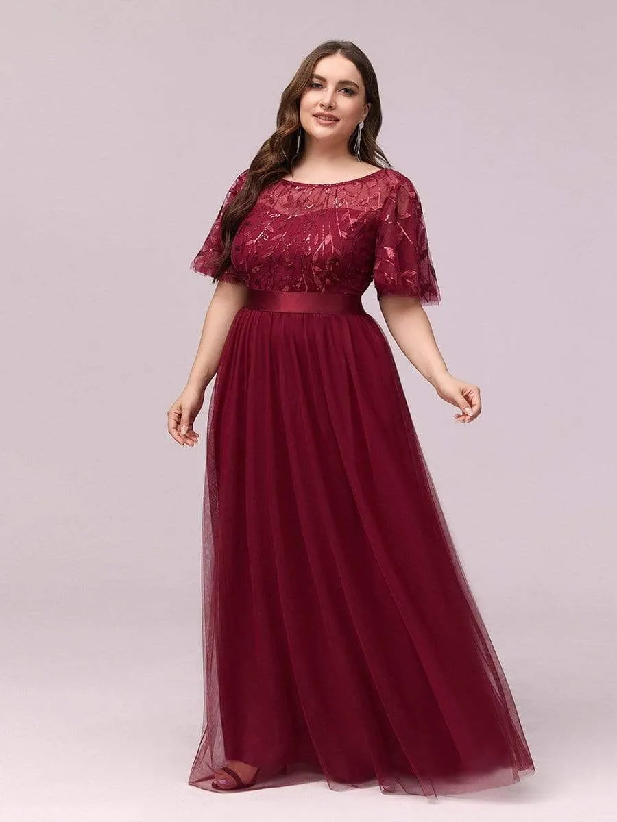 Women's A-Line Short Sleeve Embroidery Floor Length Evening Dresses