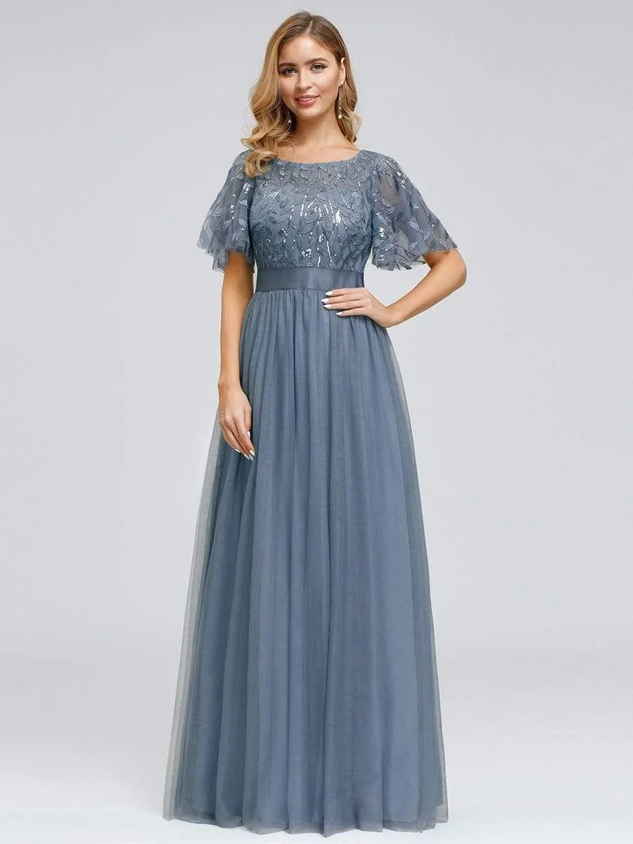 Women's A-Line Short Sleeve Embroidery Floor Length Evening Dresses