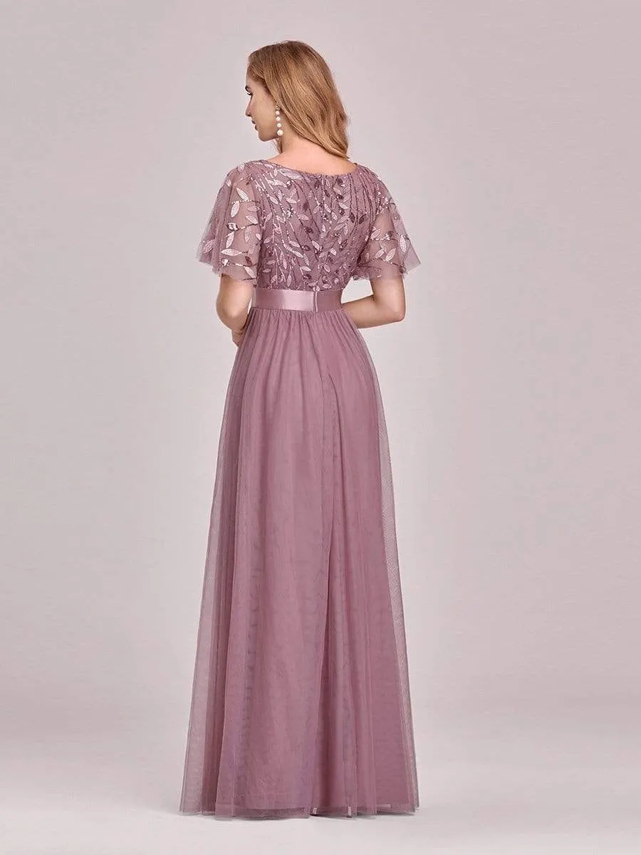 Women's A-Line Short Sleeve Embroidery Floor Length Evening Dresses