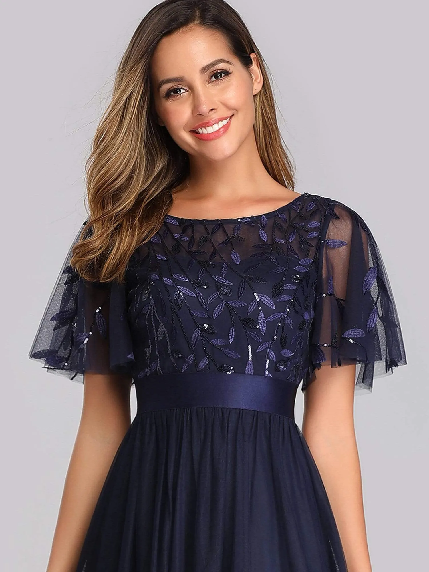 Women's A-Line Short Sleeve Embroidery Floor Length Evening Dresses