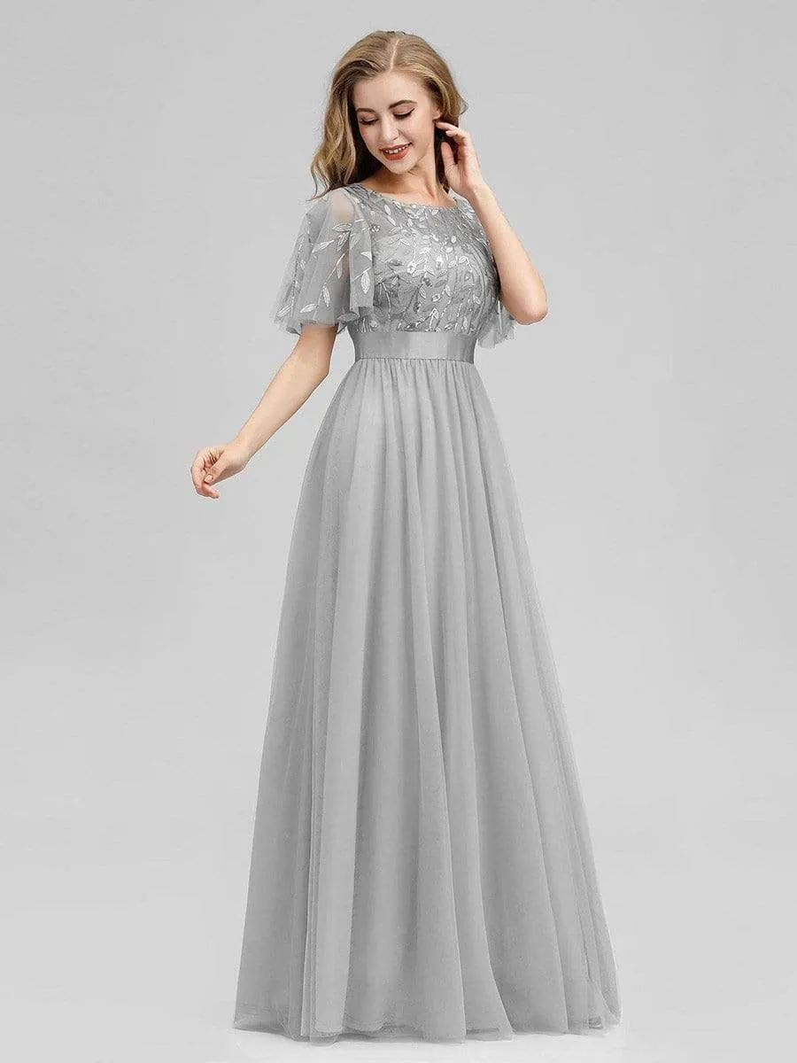 Women's A-Line Short Sleeve Embroidery Floor Length Evening Dresses