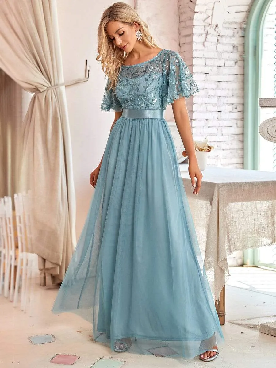Women's A-Line Short Sleeve Embroidery Floor Length Evening Dresses