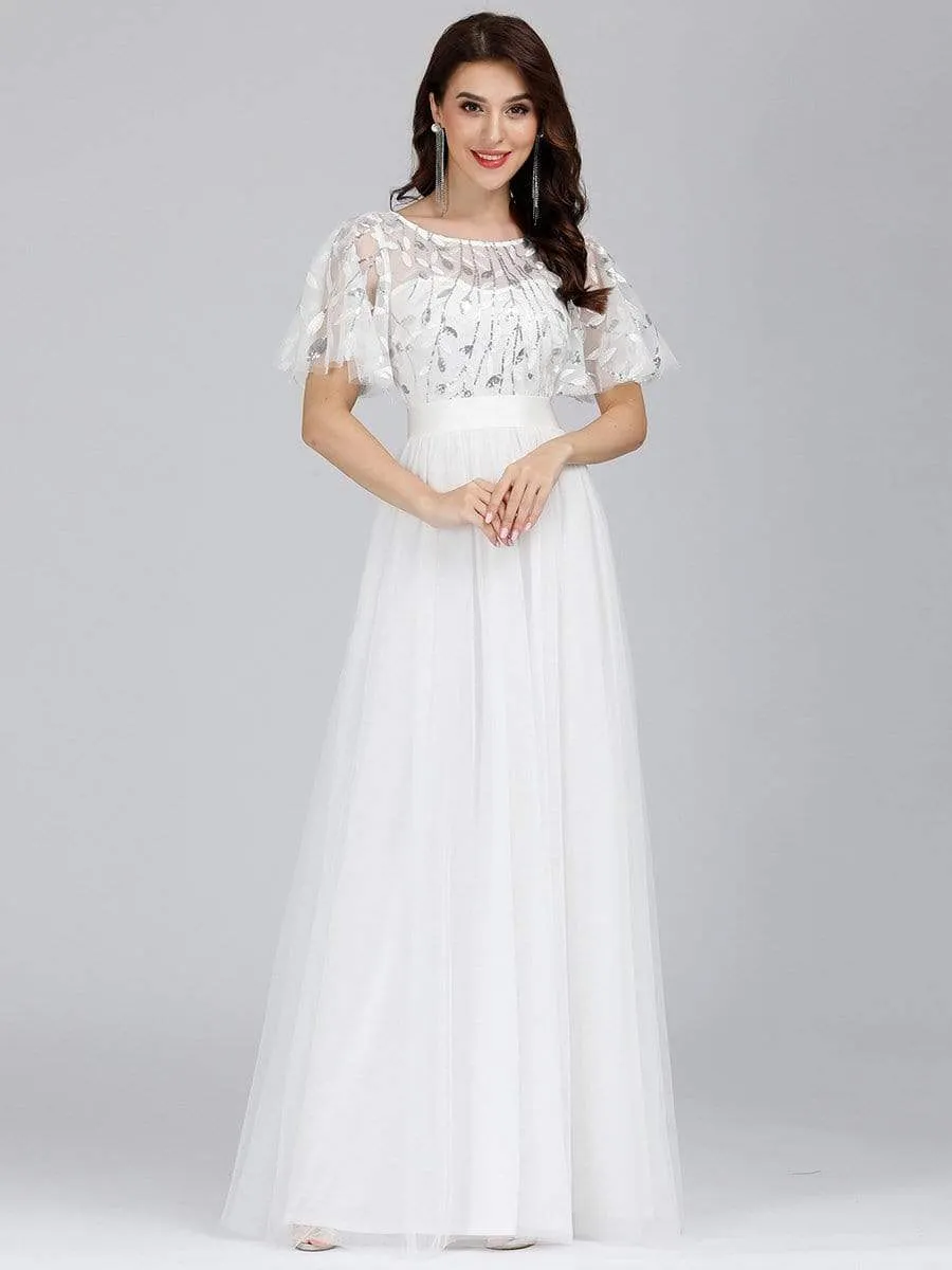 Women's A-Line Short Sleeve Embroidery Floor Length Evening Dresses