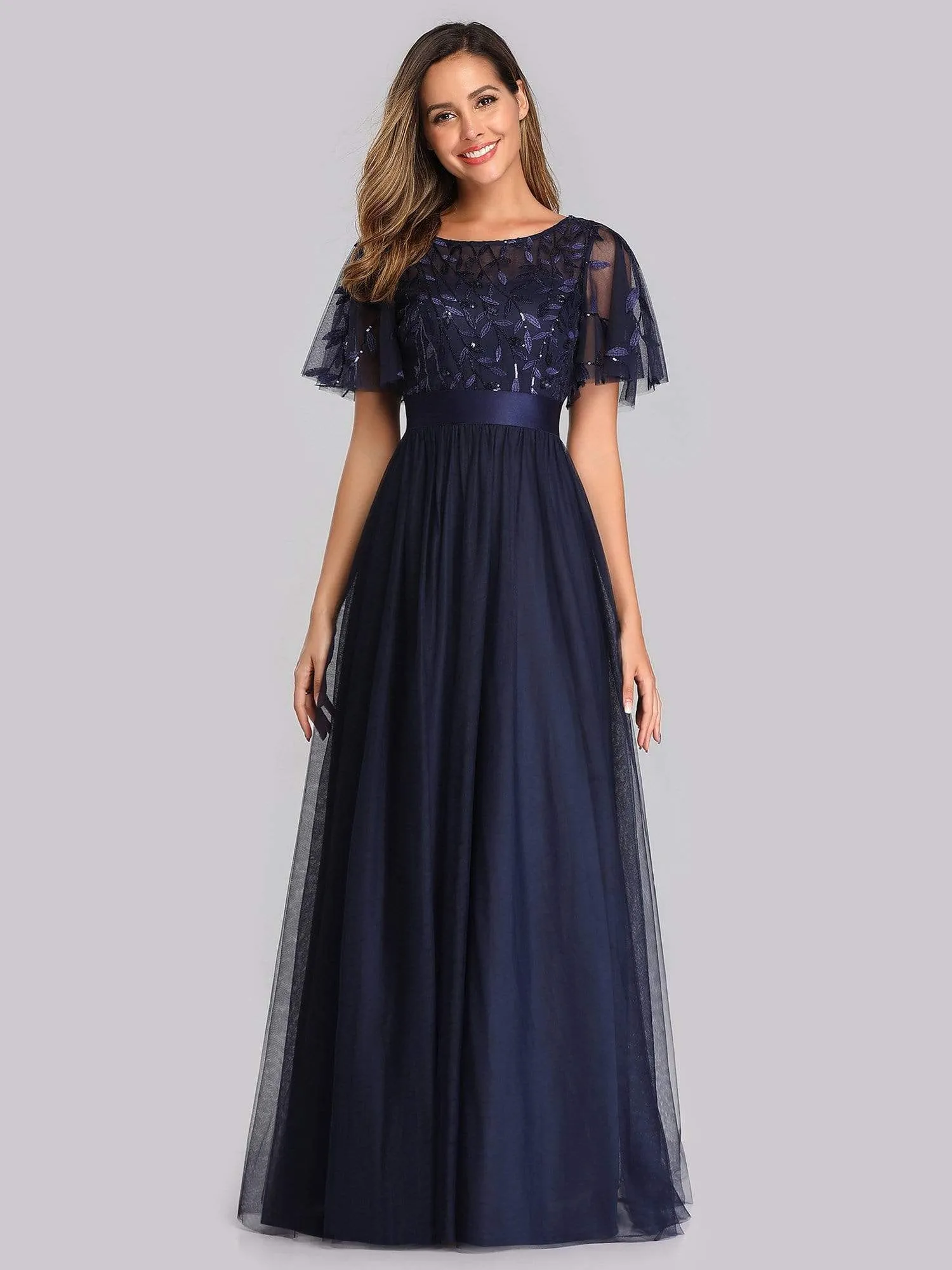 Women's A-Line Short Sleeve Embroidery Floor Length Evening Dresses