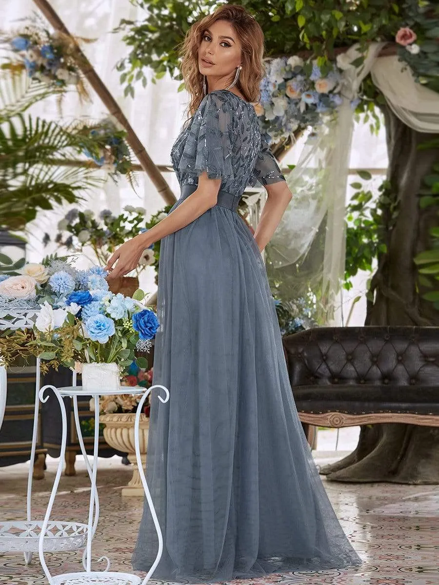 Women's A-Line Short Sleeve Embroidery Floor Length Evening Dresses