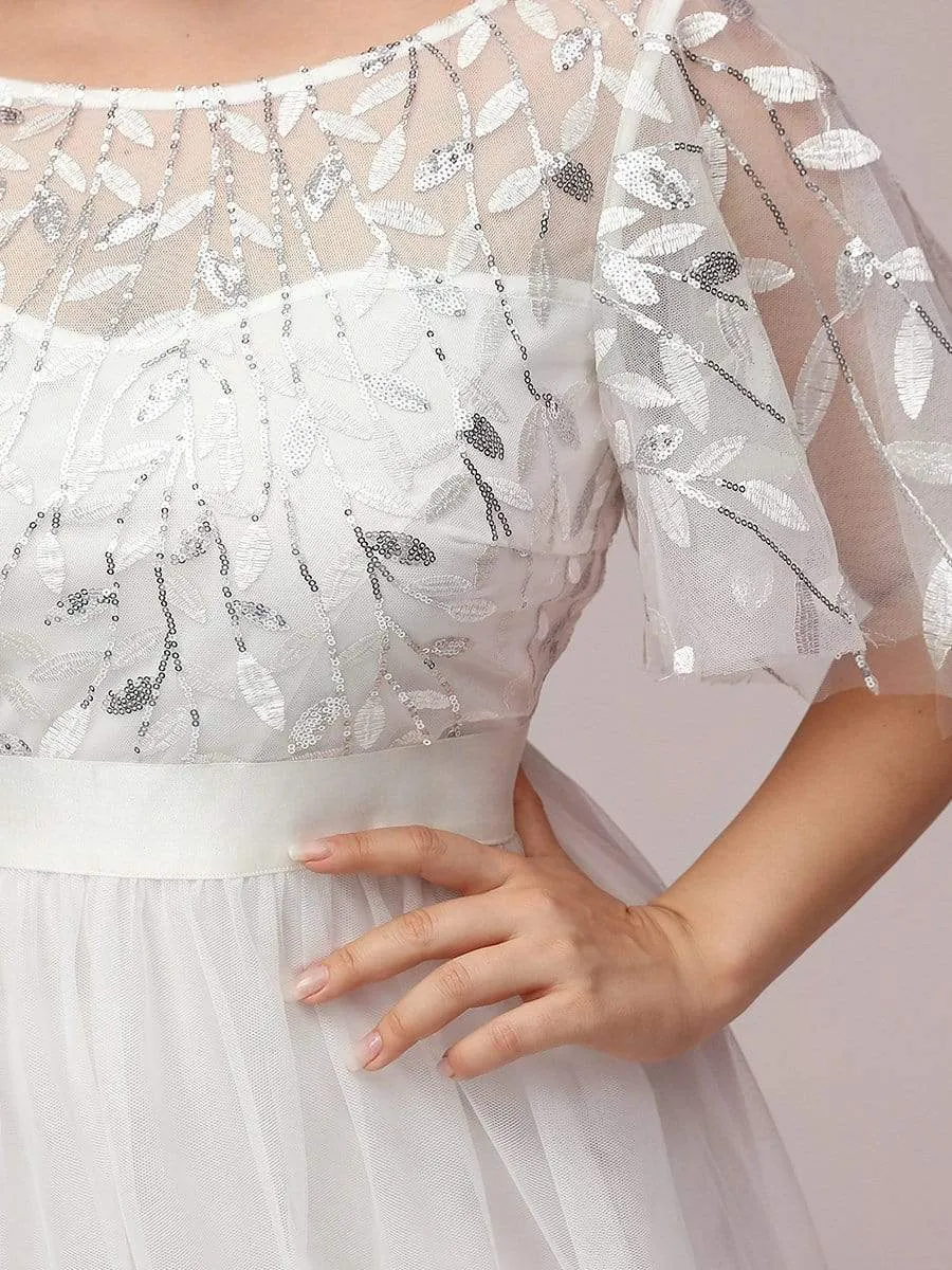Women's A-Line Short Sleeve Embroidery Floor Length Evening Dresses