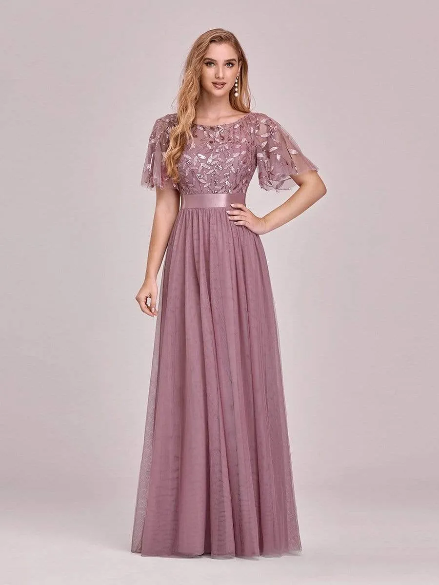 Women's A-Line Short Sleeve Embroidery Floor Length Evening Dresses