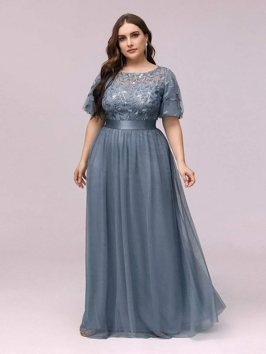 Women's A-Line Short Sleeve Embroidery Floor Length Evening Dresses