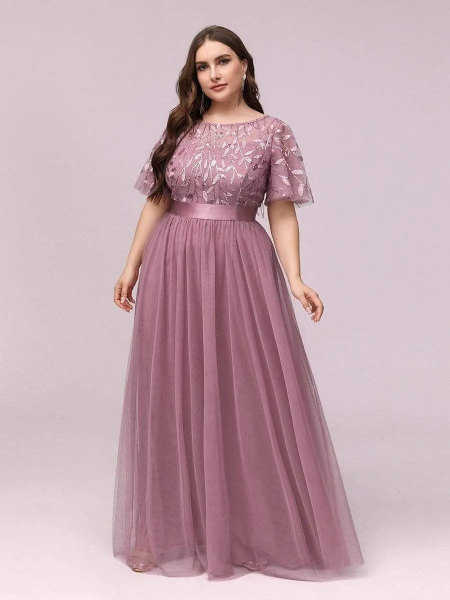 Women's A-Line Short Sleeve Embroidery Floor Length Evening Dresses