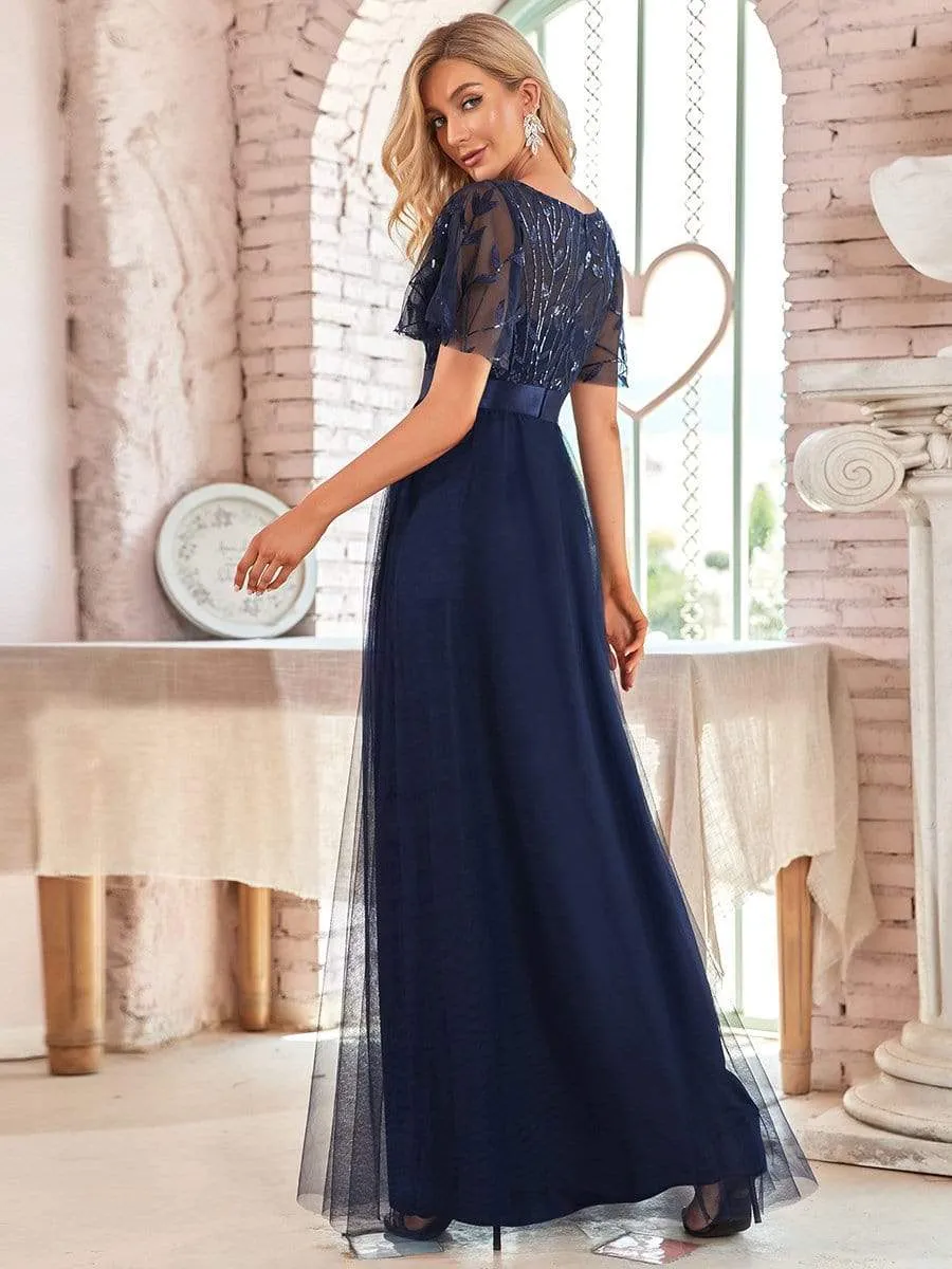 Women's A-Line Short Sleeve Embroidery Floor Length Evening Dresses