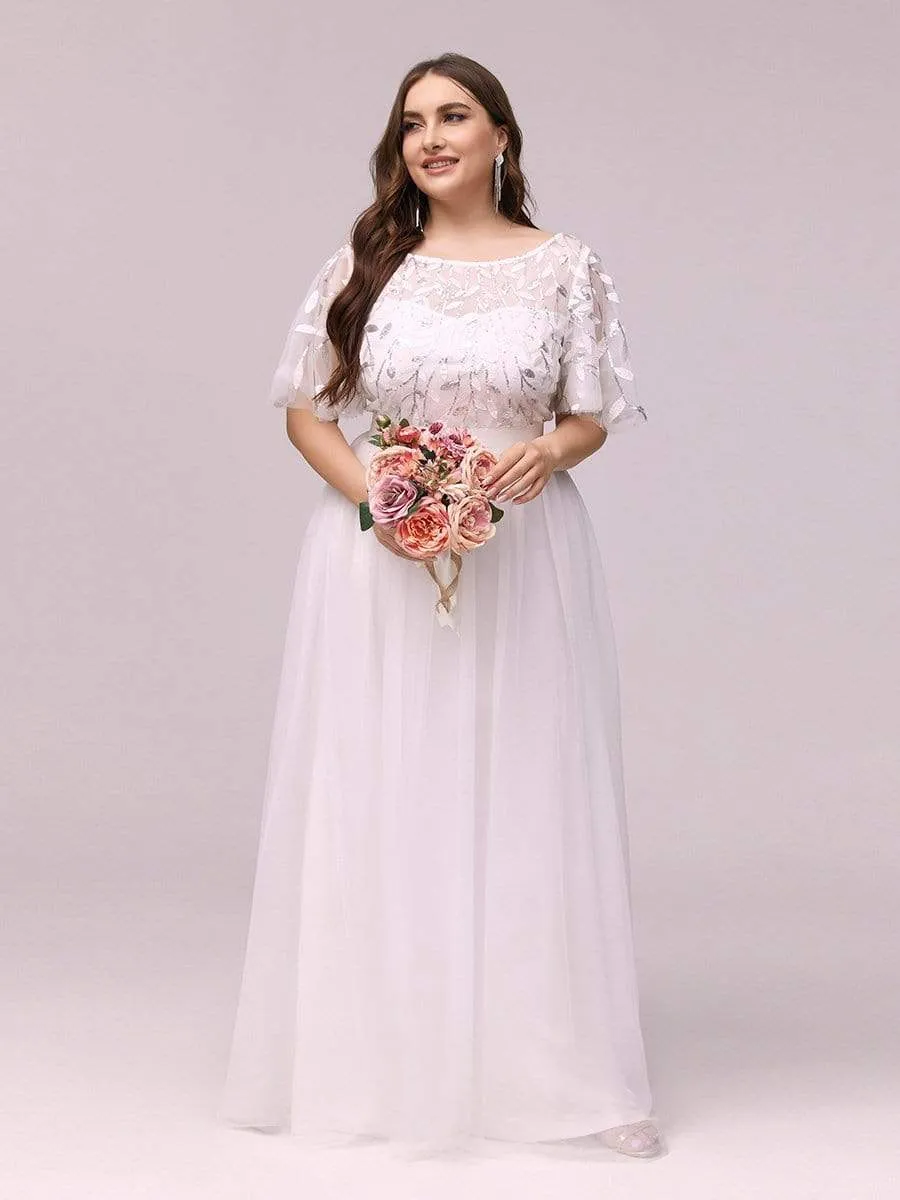 Women's A-Line Short Sleeve Embroidery Floor Length Evening Dresses