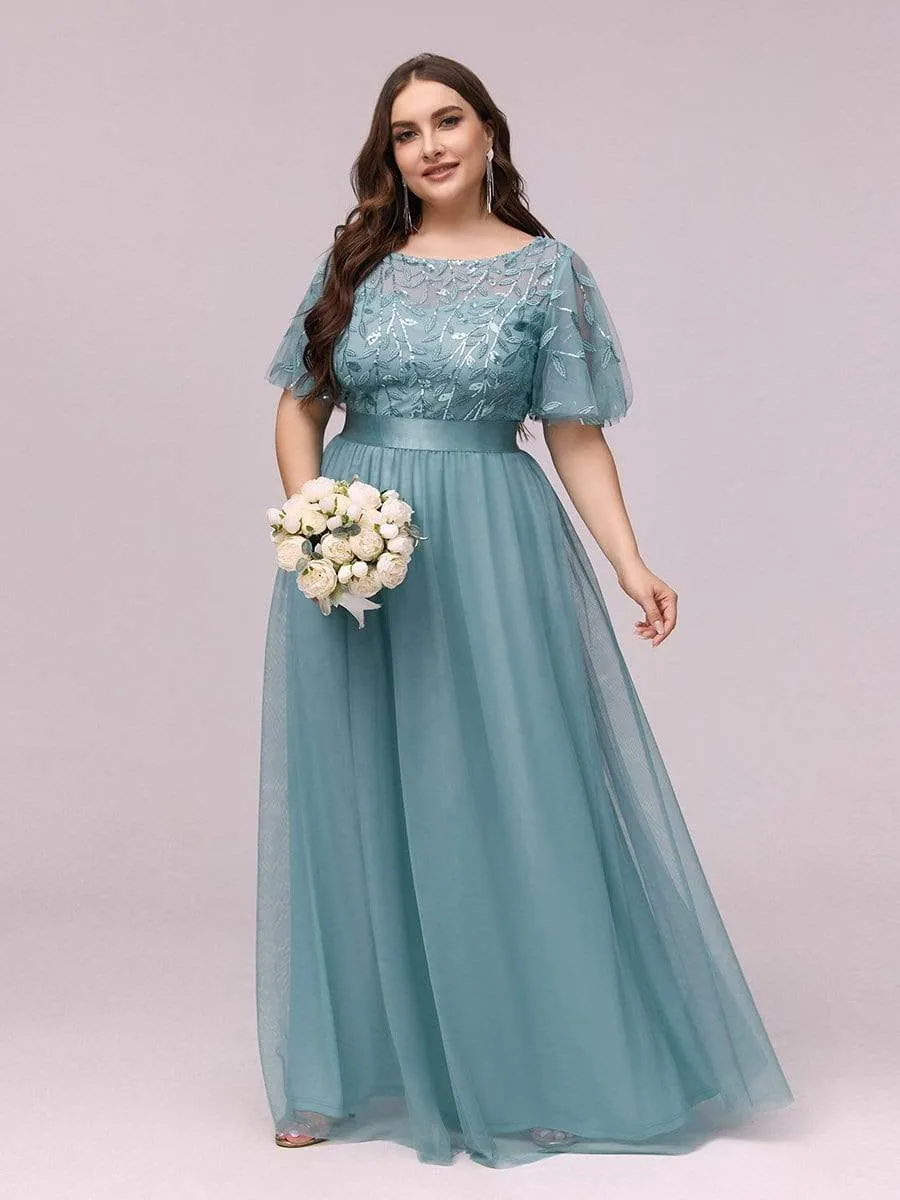 Women's A-Line Short Sleeve Embroidery Floor Length Evening Dresses