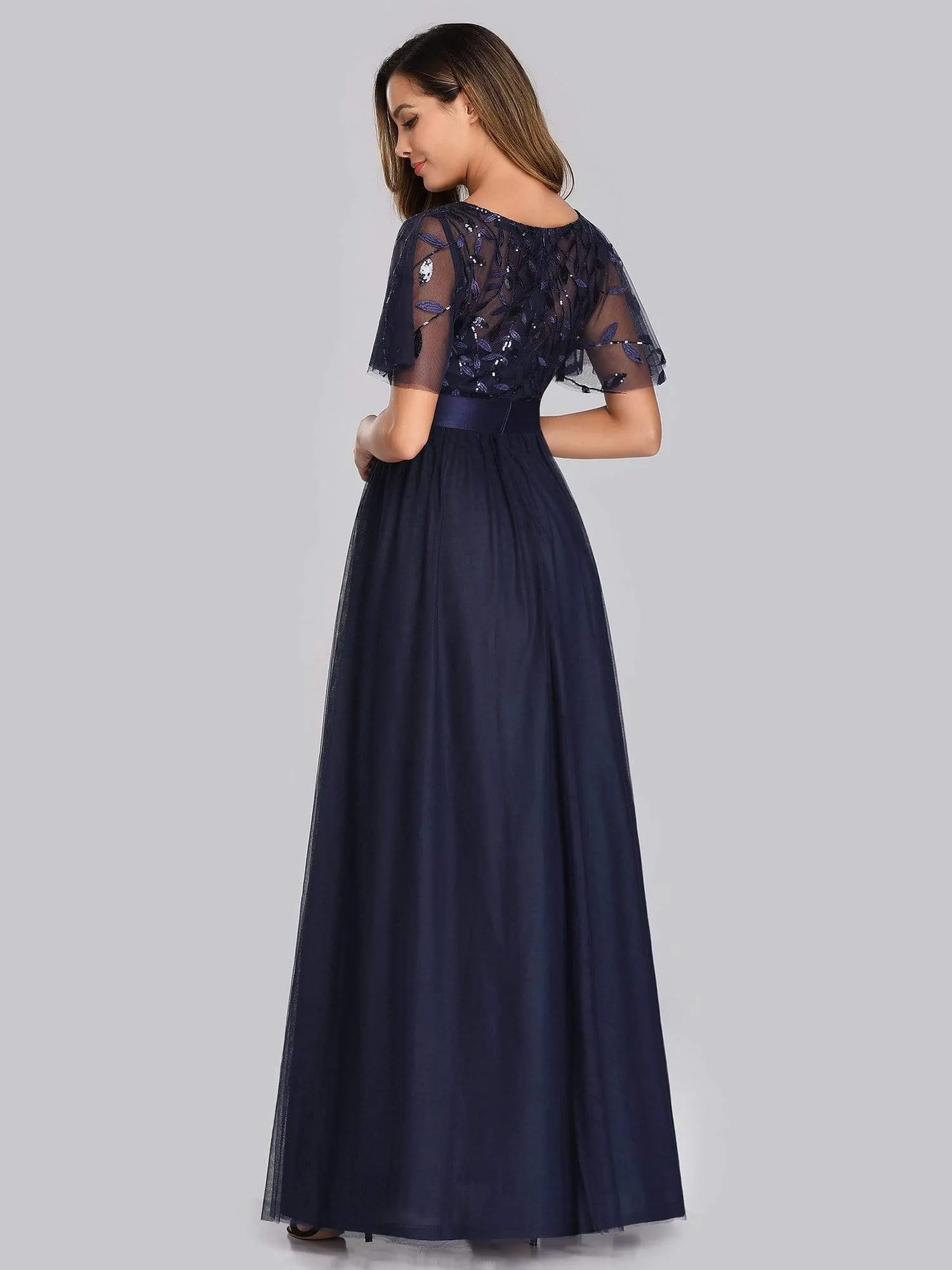 Women's A-Line Short Sleeve Embroidery Floor Length Evening Dresses